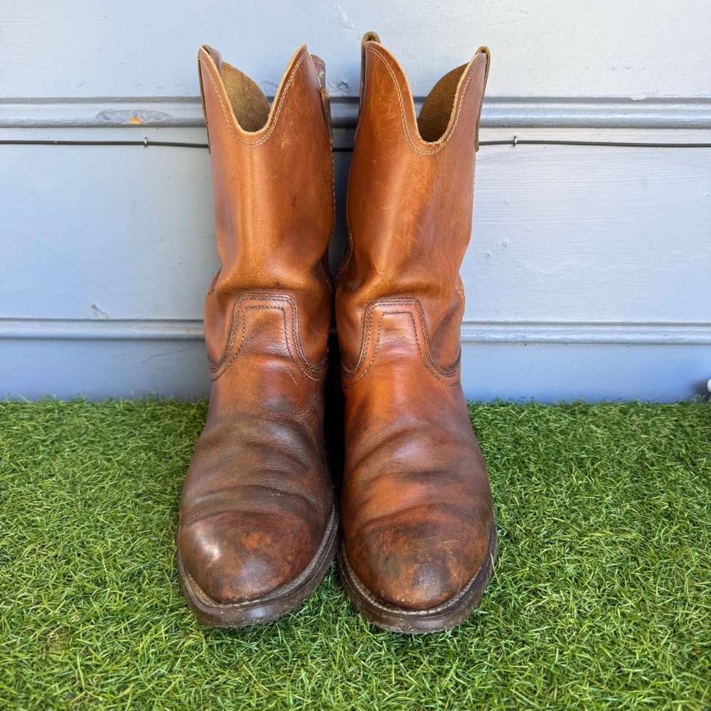 Vintage Mens Brown Leather Western Cowboy Pull On Work Boots Distressed